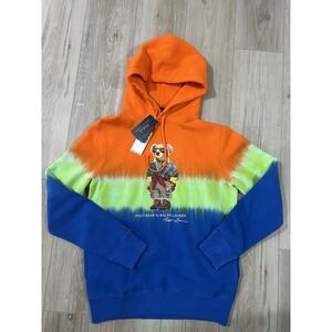 Polo Ralph Lauren Orange/Green/Blue TIE DYE EXPLORER BEAR Fleece Hoodie S NWT